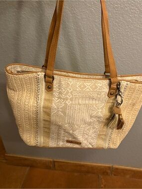 Sakroots Cream Patterned Tote with Tan Straps